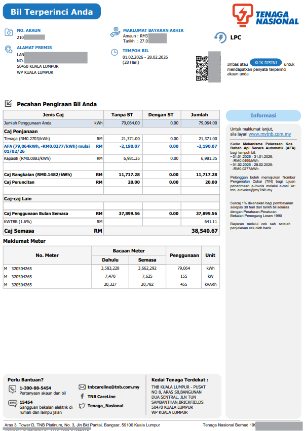 Real TNB electricity bill from a car park site